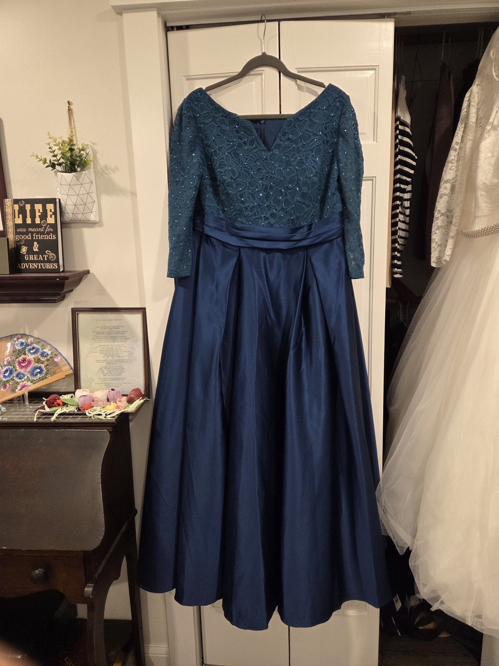JJs House Teal Lace Bodice Navy Satin Full Skirt Evening Gown